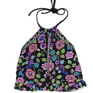 Aqua Couture Women’s Black Multi Floral Print Halter Swim/Beach Top Sz-L